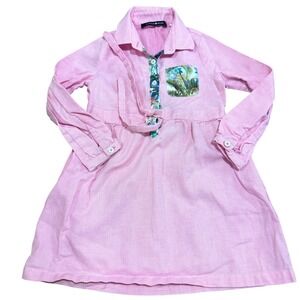 Girls Pink Textured 100% Cotton‎ Tropical Accent Button Up Preppy Dress Sz 5/6